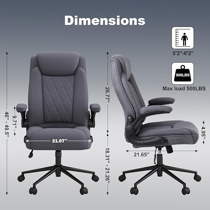 ralex-chair Big and Tall Office Chair -500 lb Heavy Duty Office Chair for Big Man, Fabric High Back Executive Office Desk Chair with 120° Tilt Rock,Computer Desk Chair with flip up arm - Grey