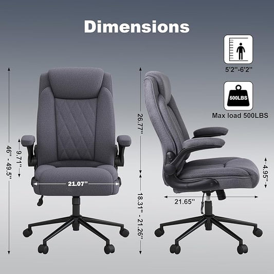 ralex-chair Big and Tall Office Chair -500 lb Heavy Duty Office Chair for Big Man, Fabric High Back Executive Office Desk Chair with 120° Tilt Rock,Computer Desk Chair with flip up arm - Grey