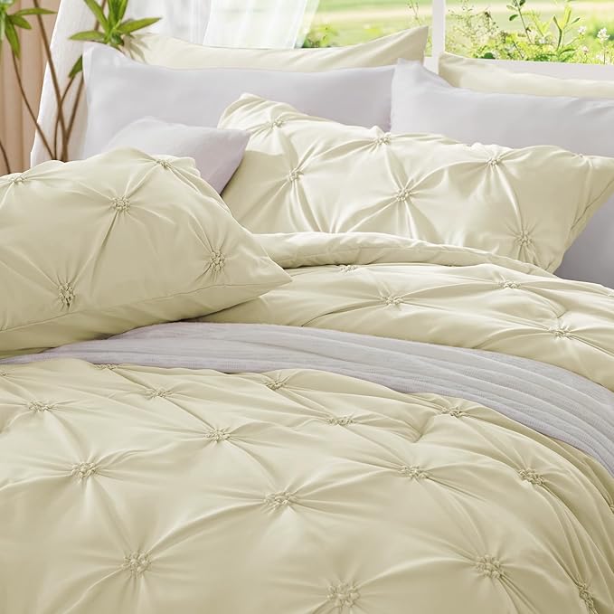 BEDELITE Beige King Size Comforter Set - 3 Pieces Boho Pintuck Bedding Comforter Sets, Lightweight Soft & Warm King Bedding Set with 2 Pillowcases for All Season