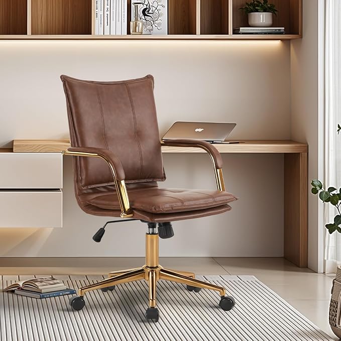 MOJAY Mid-Back Ergonomic Leather Office Desk Chair, Modern Upholstered Computer Chair, Executive Office Chair with Arms, Swivel Adjustable Rolling Chair with Gold Base (Brown)