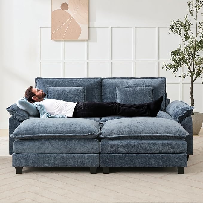 86" Modular Sectional Sofa, Comfy Cloud Couch Sectional Sofa with Ottoman, Chenille Sofa Sleeper Deep Seat Sofa with Throw Pillows for Living Room (Blue)