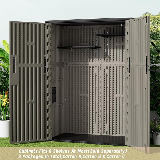 KINYING Outdoor Vertical Storage Shed,57 Cu.ft Outdoor Storage Cabinet Waterproof,Resin Sheds & Outdoor Storage Clearance for Garden,Patio,Backyard,Lockable (Brown)