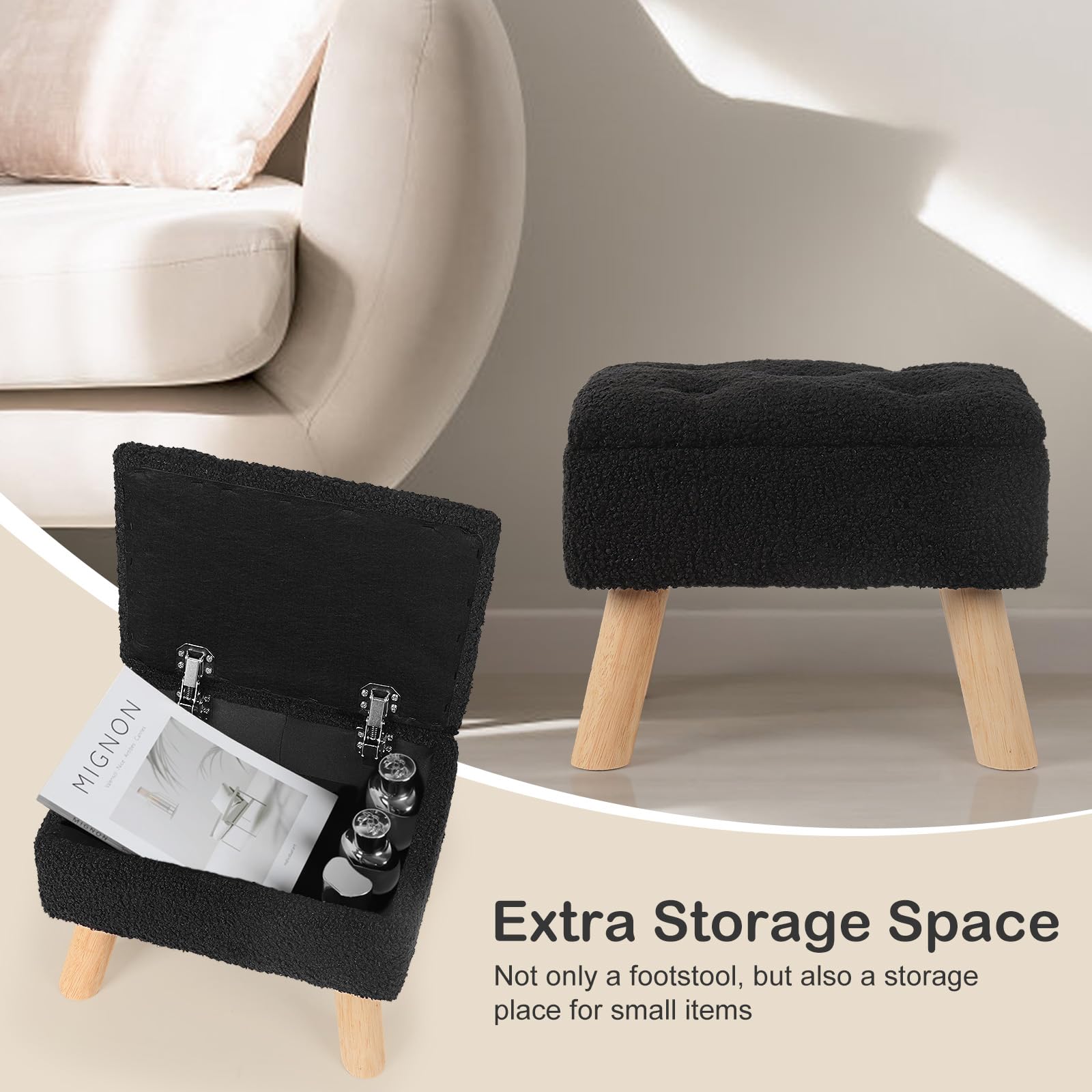 OGEMXU Storage Ottoman, Small Foot Stool Ottoman with Storage, Boucle Teddy Velvet Foot Rest with Padded Seat, Sturdy Wood Legs Stool for Living Room, Bedroom, Couch, Enterway (Cream) Dormly