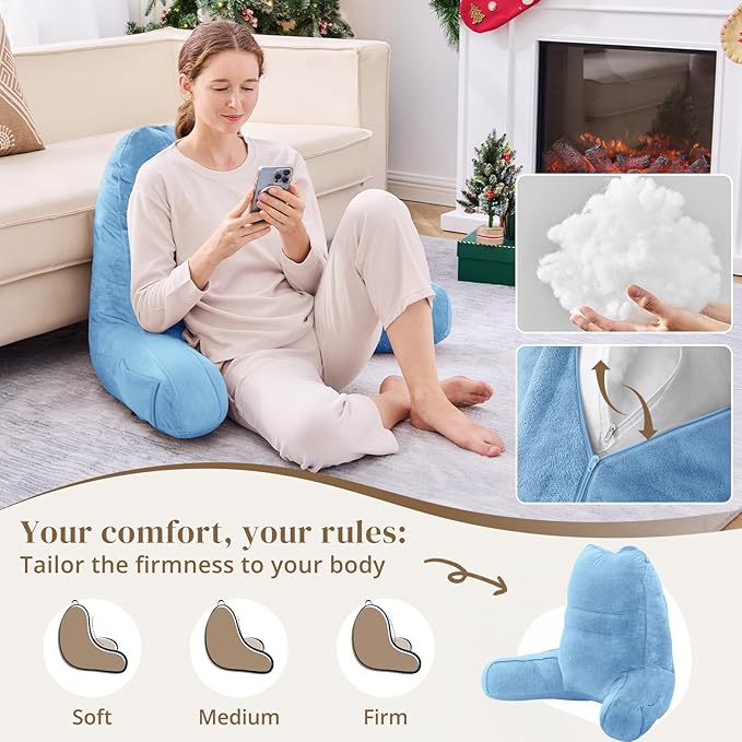 Sasttie Reading Pillow for Bed - 23 Inch, Back Pillow for Bed Sitting Up, Back-Rest Support Cushion with Side Pockets and Arms, Dorm Essentials, Oeko-Tex Certified, Blue