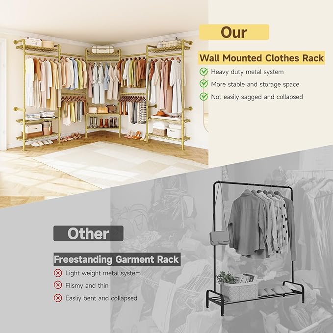 U5 Wall Mounted Closet System, Industrial Pipe Clothing Rack Garment Racks for Hanging Clothes, Heavy Duty Closet Organizers System in Wardrobe Closet, Gold