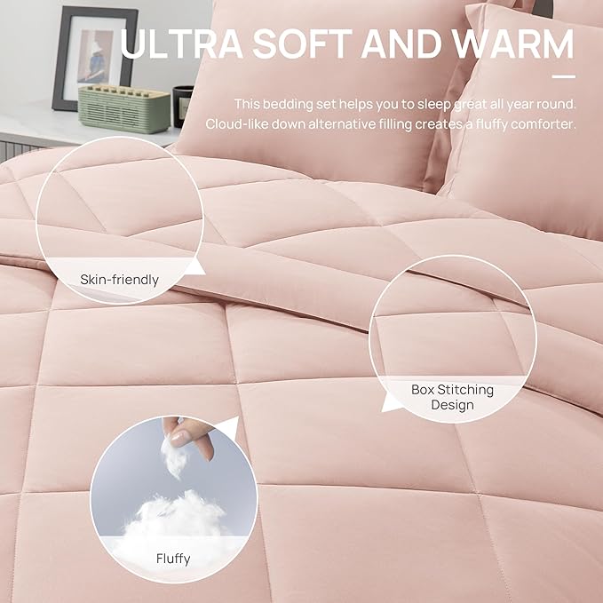 Love's cabin California King Comforter Set Pink, 7 Pieces California King Bed in a Bag, All Season Bedding Sets with 1 Comforter, 1 Flat Sheet, 1 Fitted Sheet, 2 Pillowcase and 2 Pillow Sham