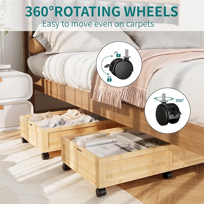 Bamboo Under Bed Storage Containers, Rolling Underbed Organizer with Wheels, Sturdy Under the Bed Shoe Storage Bins, Stackable Underbed Drawers for Bedroom Closet Clothing Toy 2 Packs (Natural, Large)