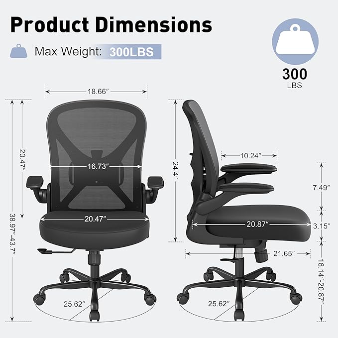 ZZH Ergonomic Office Chair Set of 2 with Adjustable Lumbar Support, Mesh Home Office Desk Chair with Wheels and Flip-up Arms, Black