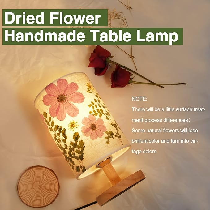 Dried Flowers Small Table Lamp 9W LED Dimmable Warm Light Pressed Flower Bedside Lamp Linen Shade with Wood Base for Bedroom Living Room Desk Nursery