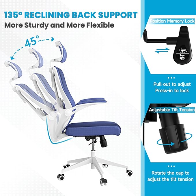 Ergonomic Office Chair - 400LB Comfy Desk Chairs with Adjustable Headrest and Lumbar Back Support, Mesh Computer Chairs with Wheels and Arms for Home Office, Study (669Blue-With Headrest)