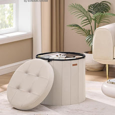 SONGMICS Mazie Collection - Round Storage Ottoman, Folding Footrest Stool with Removable Lid, Easy Assembly, Velvet Vanity Stool for Bedroom, Living Room, Entryway, Cappuccino Beige ULSF608L01