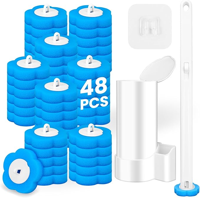 KOKL Disposable Toilet Brush, Toilte Wand Kit, Toilet Bowl Cleaner Brush with 48 Wand Refills, Toilet Cleaning Supplies, Toilet Brush and Storage Caddy, Toilet Cleaning System for Bathroom Maintenance