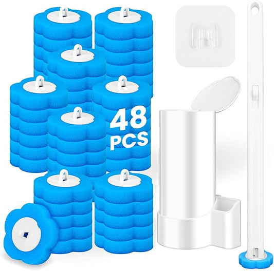 KOKL Disposable Toilet Brush, Toilte Wand Kit, Toilet Bowl Cleaner Brush with 48 Wand Refills, Toilet Cleaning Supplies, Toilet Brush and Storage Caddy, Toilet Cleaning System for Bathroom Maintenance