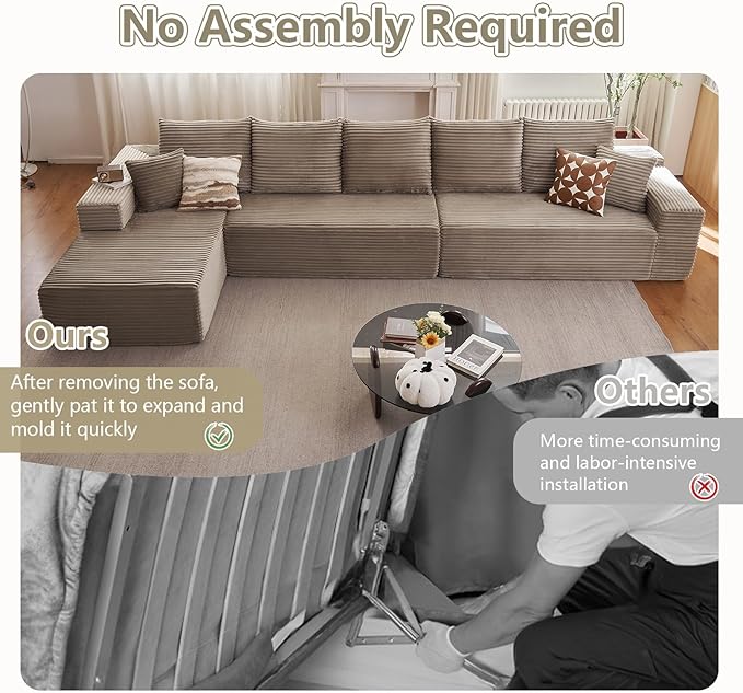 166.9" Cloud Sectional Couch with L-Shape Chaise, Modern Modular Comfy Sofa Chaise Longue, Upholstered Corduroy Couches Sleeper with Deep Seat for Living Room Bedroom, No Assembly Required, Camel