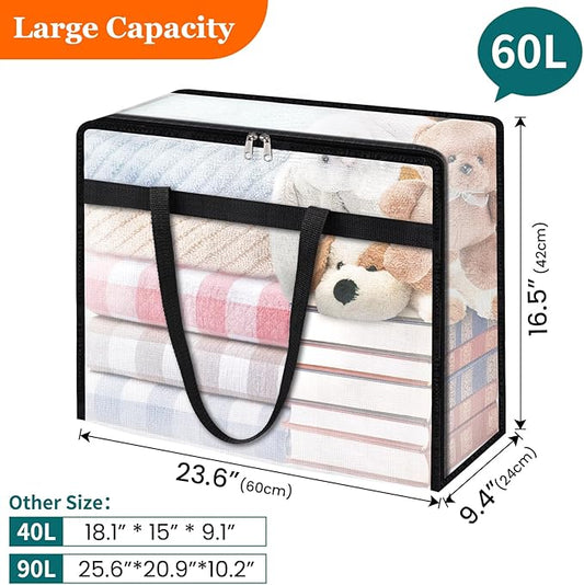 4 Pack Clear Storage Bags for Comforter, Clothes & Bedding, Plastic Blanket Storage with Zipper and Handle, Moving Bags, Closet Organizer and Under-Bed Storage (60L)