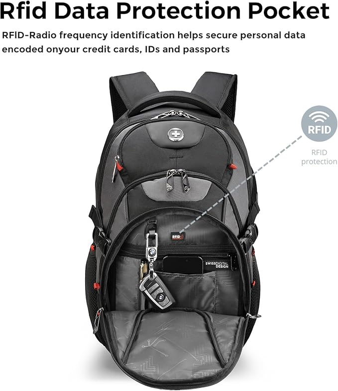 Swissdigital Design Laptop Backpack with USB Charging Port, Travel Backpack Fits 15.6 inches Computer, 31L College School Backpack for Men, Black/Grey | SD803-02