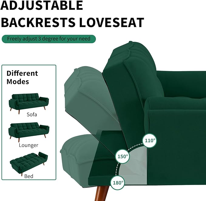 Solid Wood Feet Futon Couch Tufted Convertible Sleeper Sofa Bed Solid Wood Legs Adjustable Backrest Living Room Hemp Sponge S-Shaped Spring Eucalyptus Frame (Green)