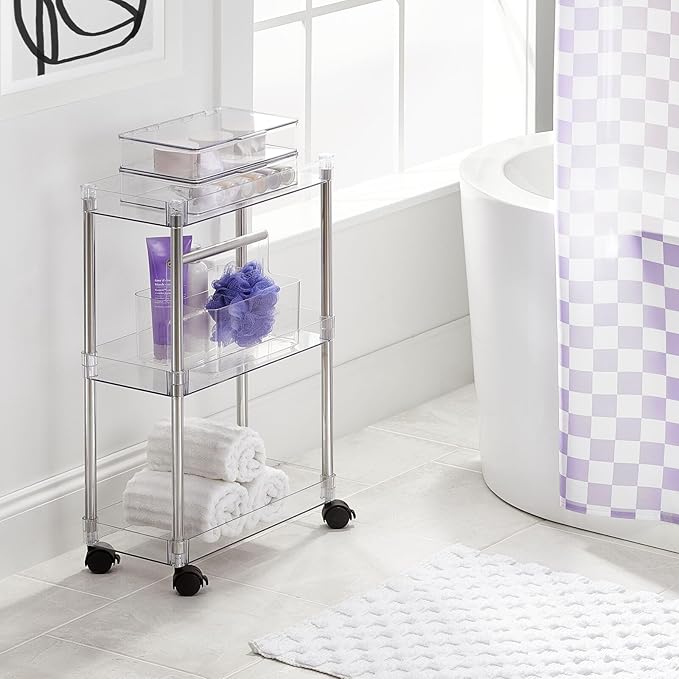 mDesign Plastic Shower Caddy Storage Organizer Utility Tote, Divided Basket Bin - Metal Handle for Bathroom, Dorm, Kitchen, Holds Soap, Shampoo, Conditioner - Aura Collection - Clear/Chrome
