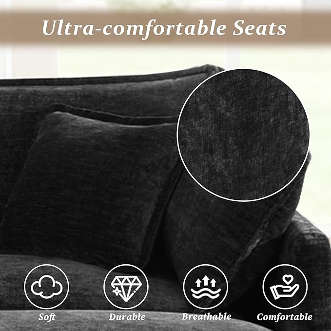 SoarFlash Chenille Sectional Sofa, Comfy L Shaped Modular Coush Sofa with Ottoman, Modern 4 Seat Couch Deep Seat Sofa Set for Living Room,Black