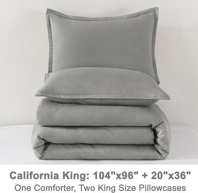 Litanika Comforter Set, Lightweight Solid Bedding Comforter Set, Fluffy Down Alternative Bed Set, Midium Grey, California King