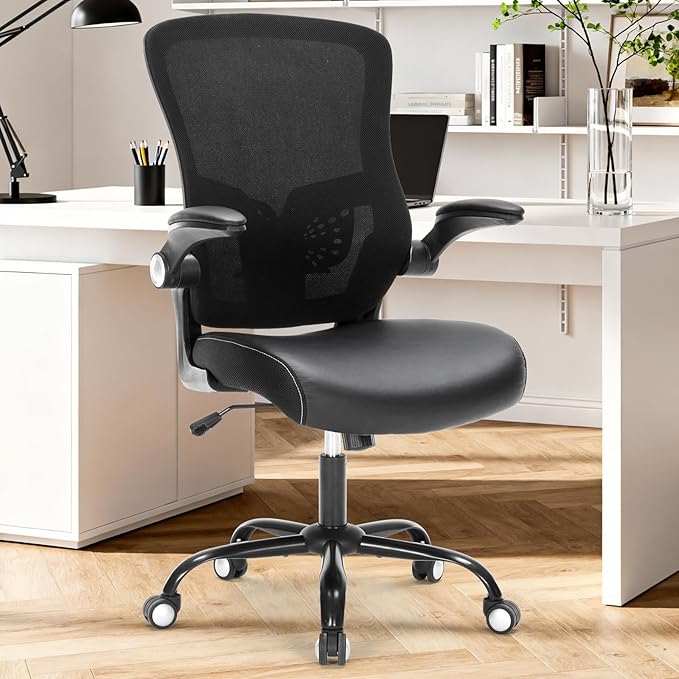 Office Chair Ergonomic Desk Chair Swivel Mid Back Mesh Computer Chair with Lumbar Support Comfy PU Leather Seat Adjustable Height Flip-up Arms Executive Task Chair,Black