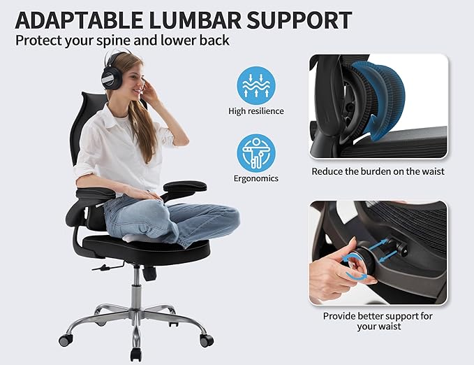 TRALT Ergonomic Office Chair - Desk Chair with Wave High Back Adjustable Lumbar Support Computer Chair - Gaming Chairs Mesh Backrest and PU Leather Seat for Home Reading Chairs to Adults(Black)