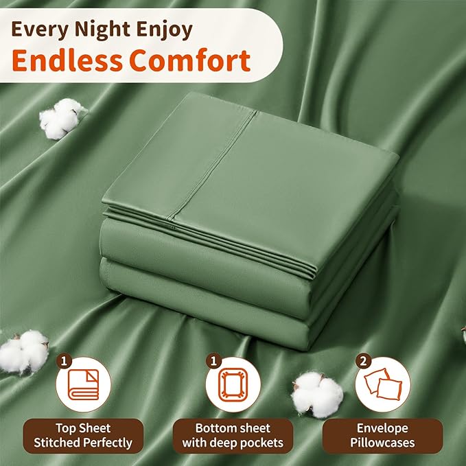 LBRO2M 1000 Thread Count 100% Egyptian Cotton Sheets Set California King Size, 4 Piece Sets Bed Sheet Deep Pocket Sheet Set 16" Soft Comfortable All Season (California King, Olive Green) LBRO2MBedding