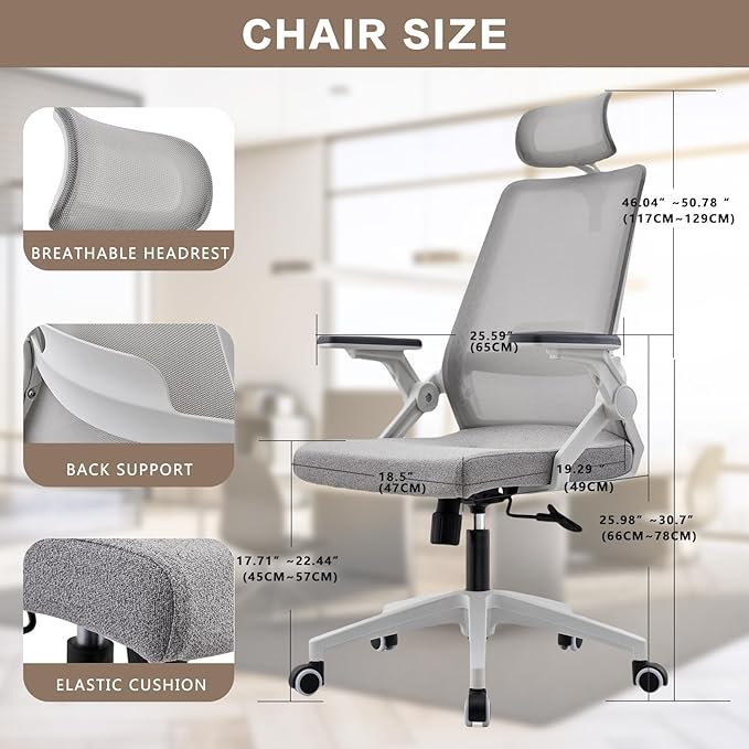 Ergonomic Mesh Office Chair with Dynamic Lumbar Support & Adjustable Headrest, Home Office Desk Chair with 90° Swivel Flip-Up Arms, Grey - Tilt Lock, Height Adjustable, 350 lbs Capacity