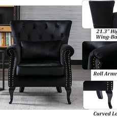 Mid Century Accent Chair Modern Button Tufted Armchair Club Chair Velvet Wingback Single Sofa Lounge Chair with Pillow for Living Room Bedroom, Black