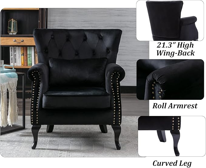 Mid Century Accent Chair Modern Button Tufted Armchair Club Chair Velvet Wingback Single Sofa Lounge Chair with Pillow for Living Room Bedroom, Black