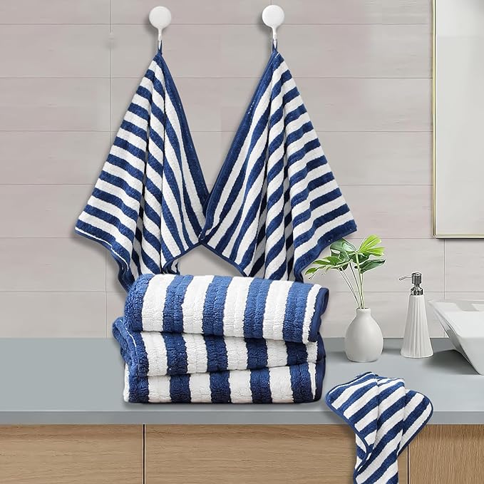 18-Piece Microfiber Bath Towels Set - 6 Bath Sheet, 6 Hand Towels, 6 Washcloths, Soft, Highly Absorbent Bathroom Towel, Quick Dry & Less Lint Shower towel for Bathroom, Hotel, Spa, Dorm-Navy Blue