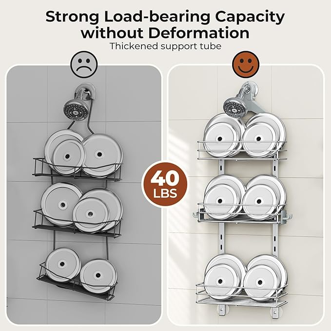 Orimade Aluminum Hanging Shower Caddy Over Head, Adjustable Anti-Slip Bathroom Shelves with Hooks, Rustproof Shower Organizer Storage Rack, Silver 3 Tier