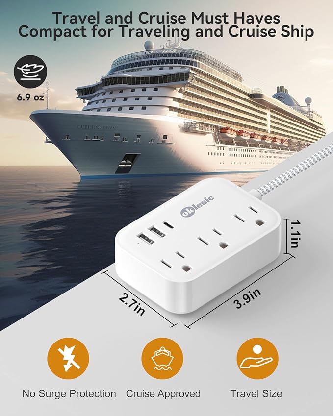 Flat Plug Power Strip with USB Ports, Flat Extension Cord 3FT with 3 AC Outlets 3 USB Ports, Short Extension Cord Outlet Splitter with No Surge Protector for Cruise Ship, Dorm Room Travel Essentials
