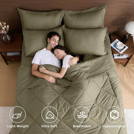 HEVUMYI Olive Green California King Comforter Set - 7-Piece All Season Bed in a Bag Cal King, Ultra Soft Bedding Set with Comforter, Flat Sheet, Fitted Sheet, Pillowcases, Pillow Shams