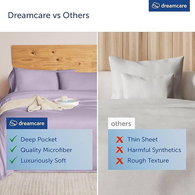 DREAMCARE King Size Sheets Set - Cooling Bed Sheets - 4pcs Set - up to 15" Deep Pocket King Sheet Set – Soft & Long Lasting Cooling - 100% Fine Brushed Microfiber with Side Pocket - Lavender DREAMCARE