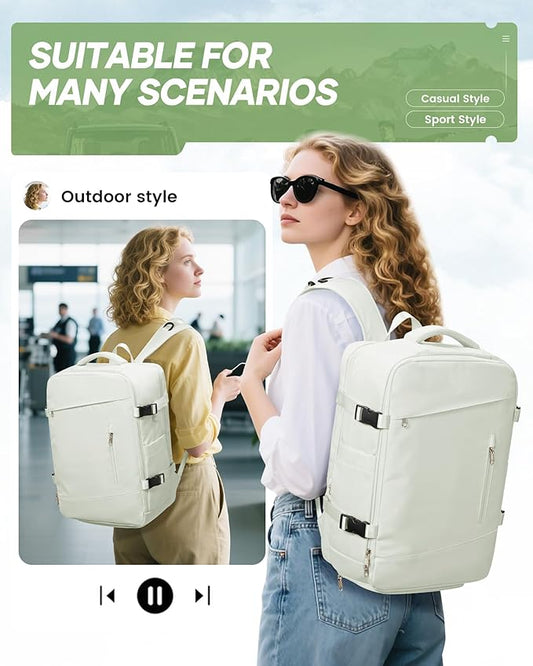 suwasp Vacuum Travel Backpack with Electric Vacpack Pump for Women, 40L Expandable Vacuum Compression Bags Personal Item Backpack Flight Approved Vacuum Seal Backpack for Traveling, White