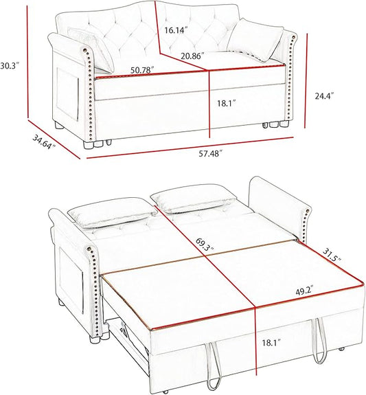 58" Velvet Sofa Bed, 3-in-1 Convertible Pull-Out Sleeper Sofa & Couch with Storage Bag and Adjustable Backrest,Perfect for Small Spaces, Living Room, or Office