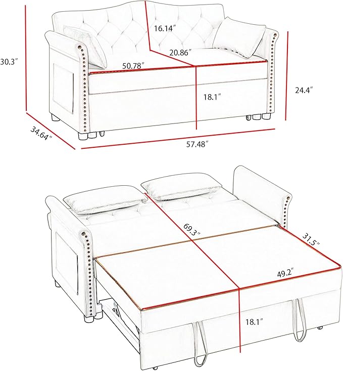 57" Velvet Pull-Out Sofa Bed, 3-in-1 Convertible Loveseat with Gold Trim Strips and Adjustable Backrest, Perfect for Living Rooms, Offices and Apartments (Beige)