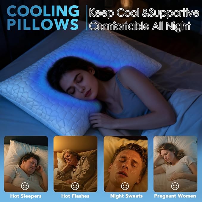 QUTOOL Cooling Pillow for Sleeping 2 Pack, Luxury Shredded Memory Foam Bed Queen Pillows Set of 2, Cool Pillow for Hot Sleepers Adjustable Firm Pillow for Side, Back, Stomach Sleepers Soft Yet Support