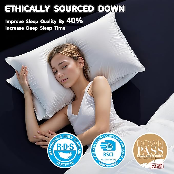 Canadian Goose Down Pillows Queen Size Set of 2,80% Goose Down and 20% Goose Feathers Goose Feathers,1650+ Fill Power White Down Pillow with 800 Thread Count Cotton Shell (White 20"x30" 2 Pack)