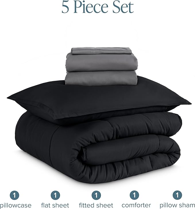 Bare Home Bed-in-A-Bag 5 Piece Comforter & Sheet Set - Twin XL - Goose Down Alternative - Ultra-Soft 1800 Premium Bedding Set (Twin XL, Black/Grey)