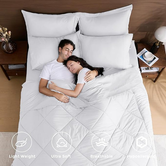 HEVUMYI Twin Comforter Set - 5-Piece All Season Bed in a Bag Twin, Ultra Soft Bedding Set with Comforter, Flat Sheet, Fitted Sheet, Pillowcases, Pillow Shams, White
