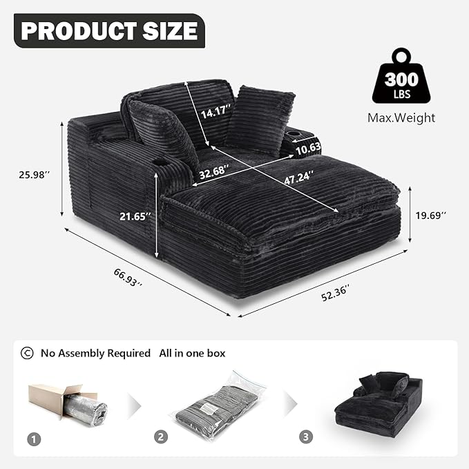67" Oversized Chaise Lounge Chair Indoor, Soft Boneless Cloud Couch with 3 Pillows, 4 Side Pockets and 2 Cup Holders, Comfy Corduroy Sleeper Couch for Living Room Bedroom, Black