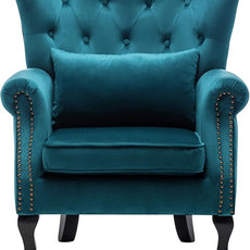 Mid Century Accent Chair Modern Button Tufted Armchair Wingback Club Chair Velvet Single Sofa Lounge Chair with Pillow for Living Room Bedroom, Teal Blue