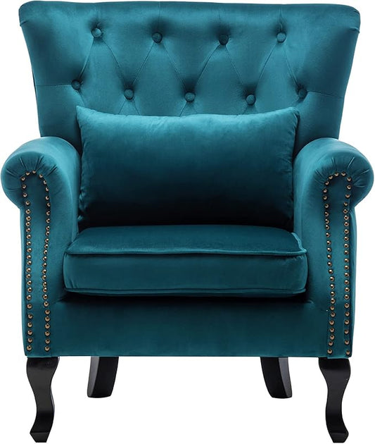 Mid Century Accent Chair Modern Button Tufted Armchair Wingback Club Chair Velvet Single Sofa Lounge Chair with Pillow for Living Room Bedroom, Teal Blue