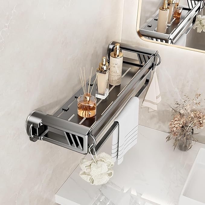 16" Shower Caddy Suction Cup, Concealed Shower Shelves Suction Cup with Hooks & Towel Bar, NO-Drilling Suction Shelf for Bathroom & Kitchen - Gray