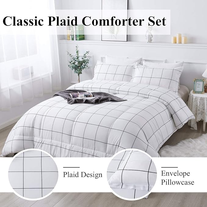 Andency White Grid Comforter Set Full(79x90Inch), 3 Pieces (1 Plaid Comforter and 2 Pillowcases) White Plaid Comforter Set, Lightweight Microfiber Gingham Geometric Comforter Bedding Set