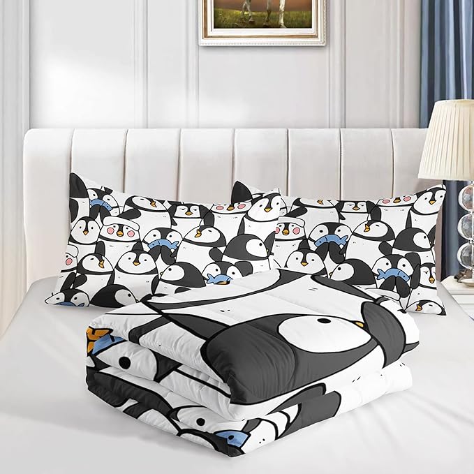 CVHOUSE Cartoon Penguin Bedding Set - 3 Pieces (1 Comforter + 2 Pillow Cases) - Twin, Full, Queen Sizes - Black