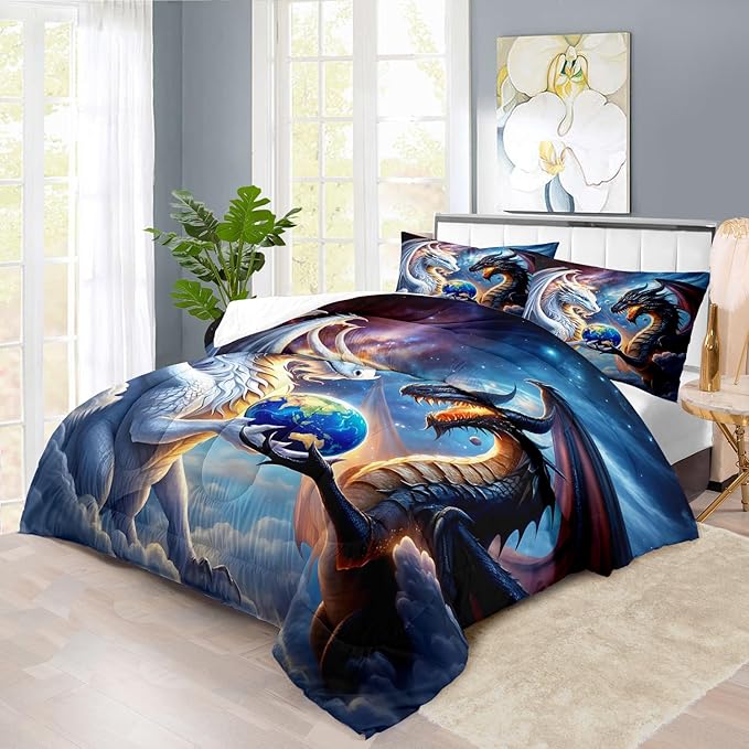 Black White Dragon Comforter Set King Boys Flame Ancient Mysterious Creatures Fantasy Dragon Bedding Set Boys GirlsWhite and Black Comforter King Size Animals Quilt Room Decor