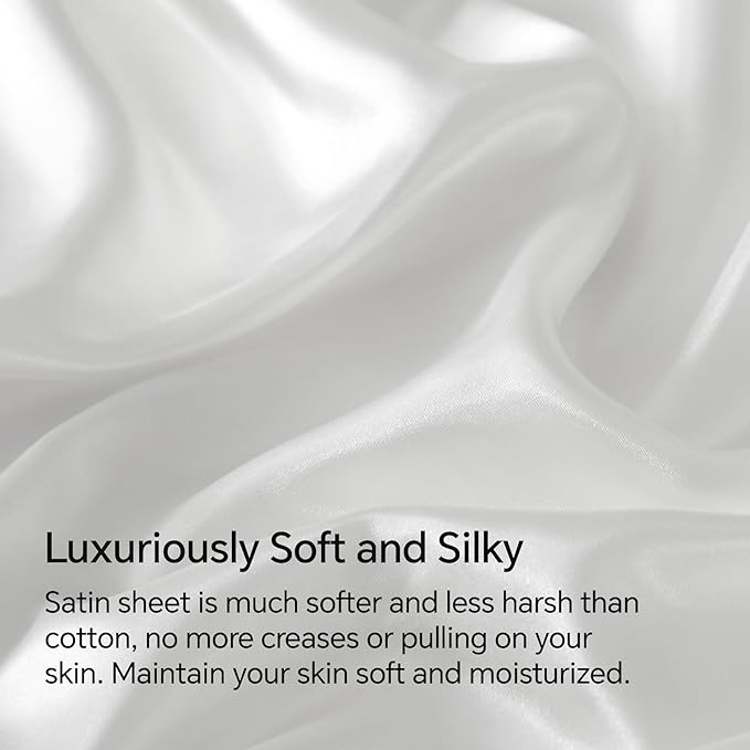 BEDELITE Satin Sheets Full Size Bed Set, Luxury Soft White Silky Sheet for Hair and Skin, Similar to Silk Bed Sheets Set 4 Pieces with 1 Deep Pocket Fitted Sheet, 1 Flat Sheet, and 2 Pillowcases